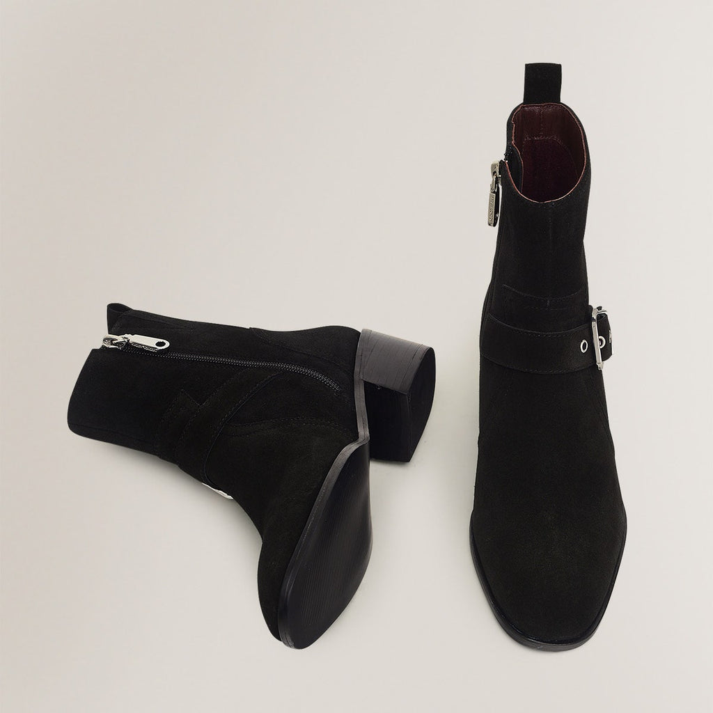 MAYFLOWER LANE BUCKLE SUEDE WESTERN BOOT BLACK