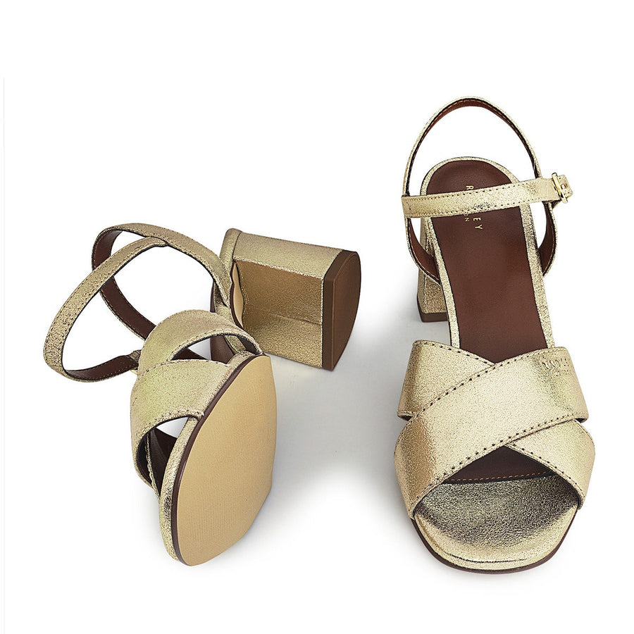 CHERRY GARDEN PIER CROSSOVER BLOCK HEELED SANDAL SOFT GOLD