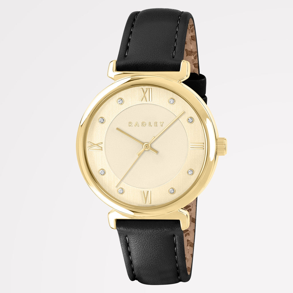 ROMAN CRESCENT LEATHER STRAP WATCH BLACK