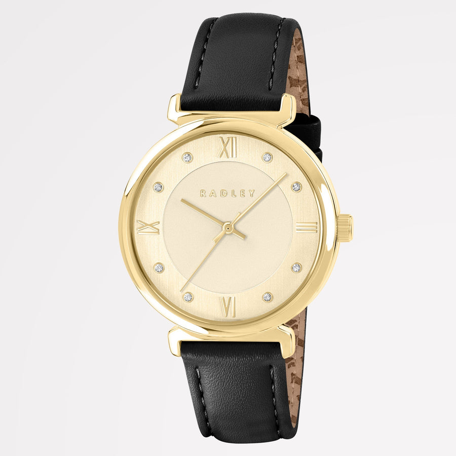 ROMAN CRESCENT LEATHER STRAP WATCH BLACK