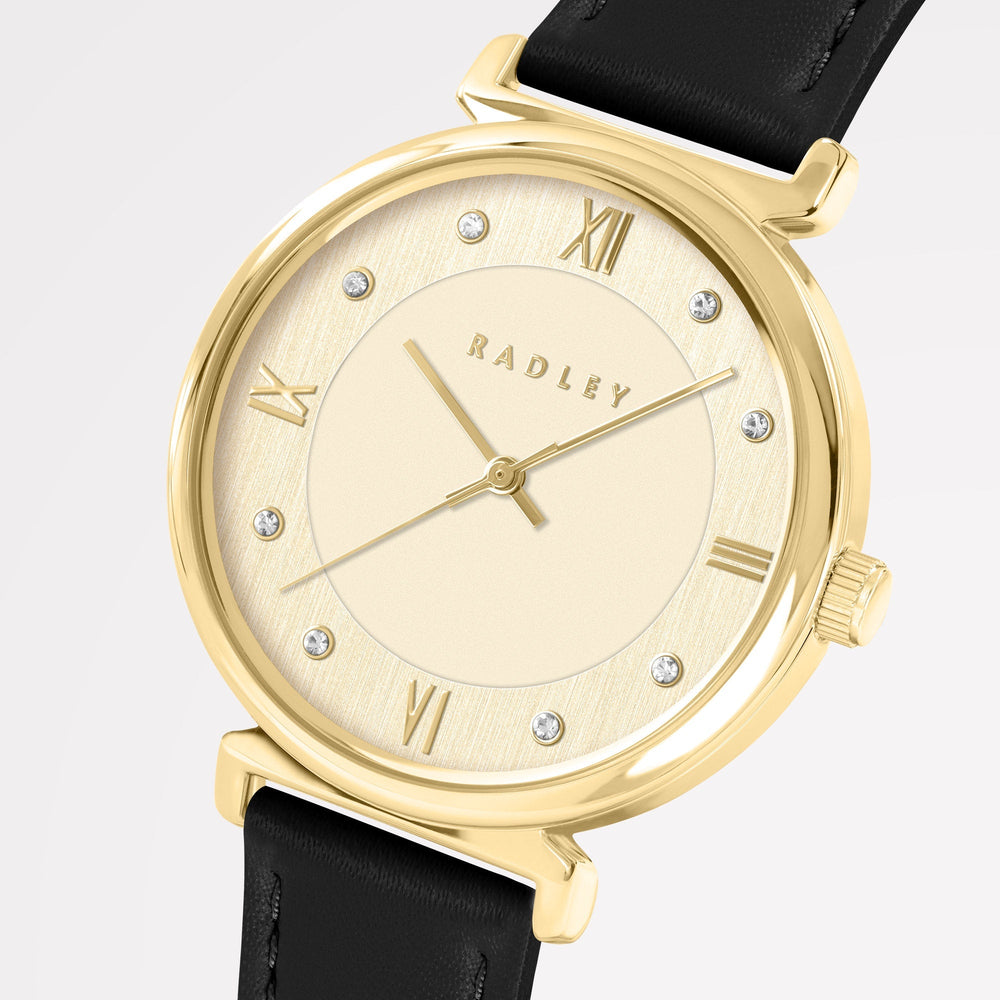 ROMAN CRESCENT LEATHER STRAP WATCH BLACK