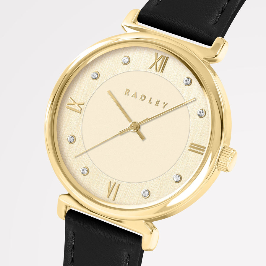 ROMAN CRESCENT LEATHER STRAP WATCH BLACK