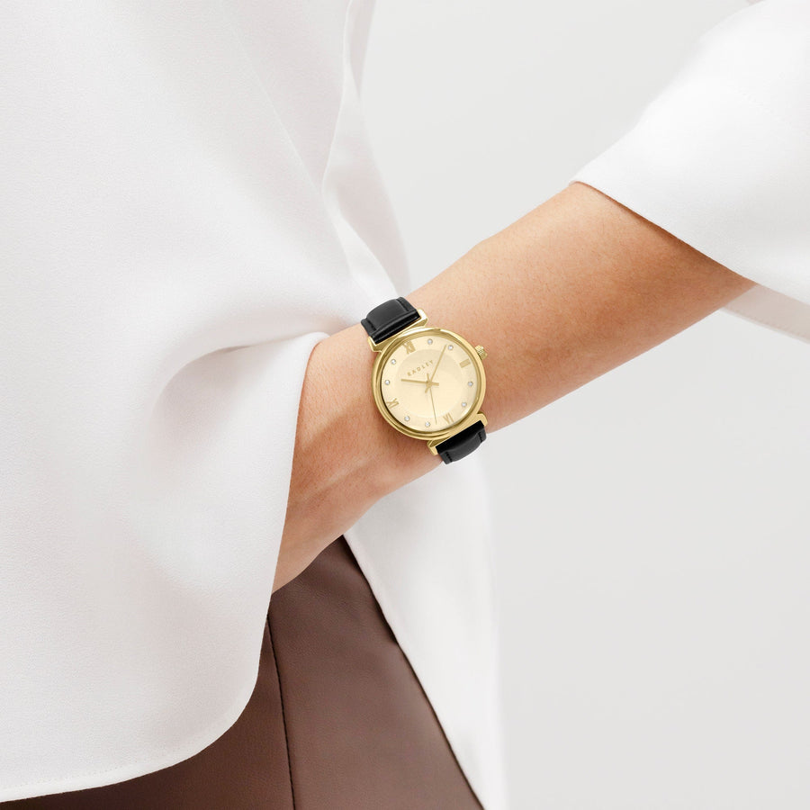 ROMAN CRESCENT LEATHER STRAP WATCH BLACK