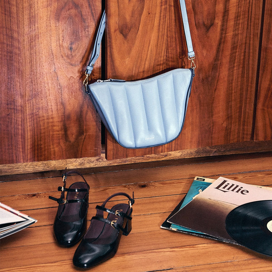 Oak Street Leather Small Ziptop Crossbody Bag in Smoke Blue - 110660