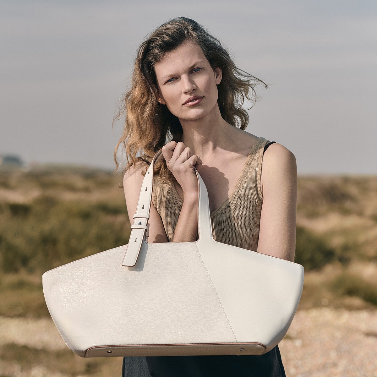 Freda Lane Leather Large Ziptop Shoulder Bag in Chalk - 111447